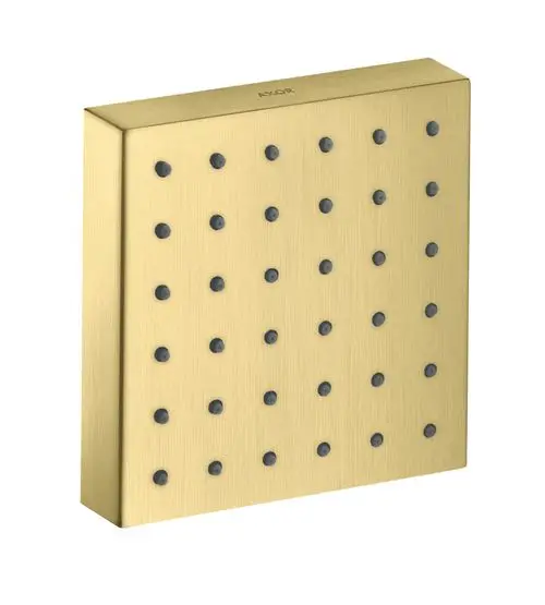 Eckiges Brausemodul in gebürstetem Messing von AXOR mit mehreren Düsenausschnitten für Wasserstrahlanpassung. Flache, quadratische Form mit mattem Finish.